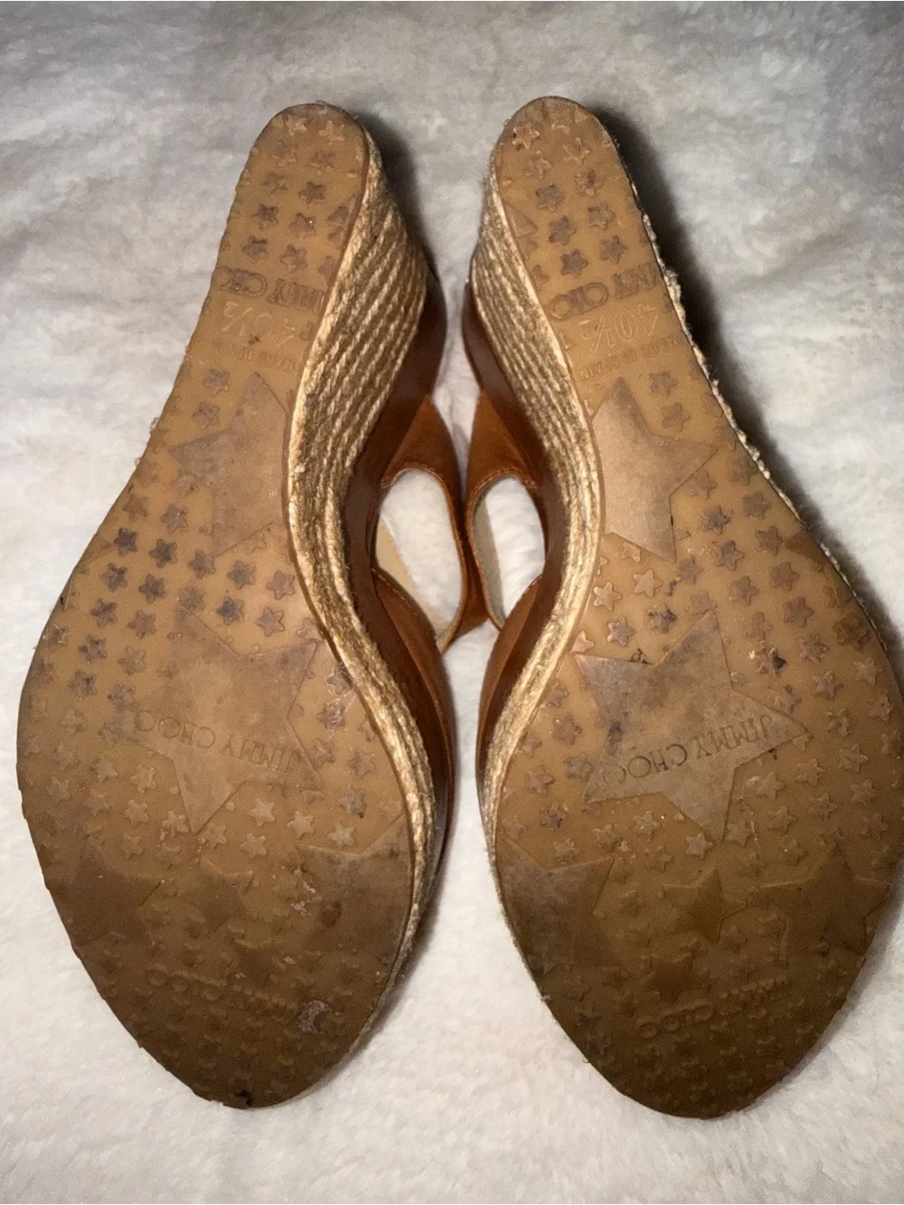 Jimmy Choo Cognac Leather Espadrille Wedge Sandals